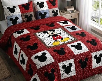 Classic Mickey Mouse Red Polka Dot Patchwork Quilt Bedding Set Retro Disney Bedroom Decor Cute Cartoon Blanket Gift For Kids And Fans