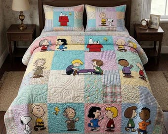 Juego de ropa de cama con edredón de patchwork de personajes de Peanuts estilo vintage, manta acogedora y colorida, divertida decoración para el dormitorio infantil, idea de regalo para fans de Snoopy