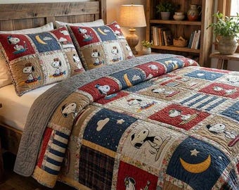 Vintage Snoopy Space Adventure Patchwork Quilt Bedding Set Red And Blue Cozy Blanket Fun Kids Bedroom Decor Peanuts Gang Fan Gifts