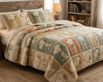 Juego de ropa de cama con edredón patchwork de Snoopy en tonos pastel y múltiples poses, manta suave y acogedora en verde y beige, decoración vintage para dormitorio de Peanuts, regalo para fans.