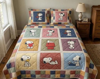 Cute Snoopy Multiple Poses Pastel Patchwork Quilt Bedding Set Cozy Blanket Fun Peanuts Gang Bedroom Decor Gift For Dog Lovers And Fan