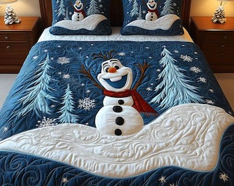 Cute Olaf Snowman Winter Quilt Bedding Set Dark Blue Snowy Forest Holiday Decor Cozy Blanket Magical Princess Room Gift For Kids Fan