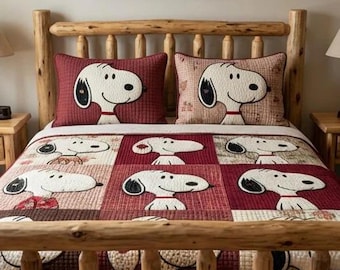 Classic Snoopy Face Patchwork Quilt Bedding Set Rustic Red And Beige Cozy Blanket Cute Cartoon Room Decor For Peanuts Lover Gift