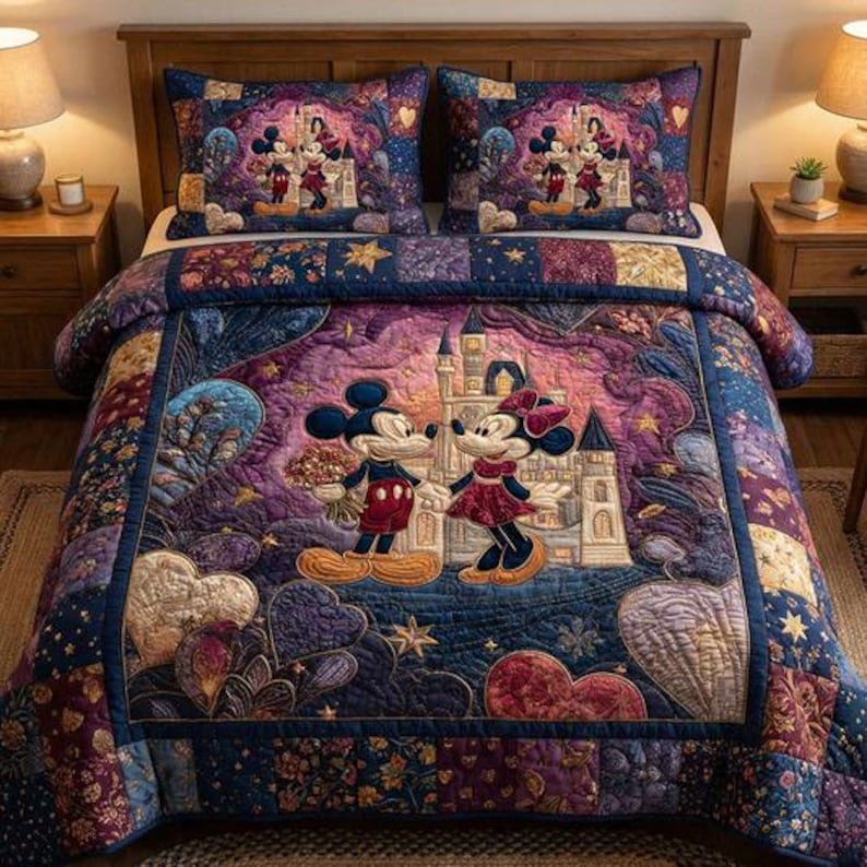 Puede incluir: Un juego de cama acolchado con Mickey y Minnie Mouse frente a un castillo. El juego incluye un edred&oacute;n y dos fundas de almohada. El edred&oacute;n tiene un dise&ntilde;o de patchwork con motivos de coraz&oacute;n y estrella, en tonos azules, morados y rojos.