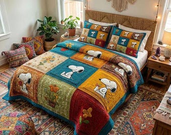 Juego de ropa de cama estilo bohemio con edredón de patchwork floral de Snoopy, manta acogedora y colorida con motivos de la pandilla de Peanuts, decoración vintage para el dormitorio, regalo para los amantes de los perros.