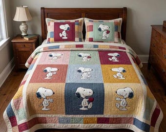 Juego de ropa de cama con edredón de patchwork vintage de Snoopy, colores suaves y apagados, manta acogedora, decoración clásica de la pandilla de Peanuts para el dormitorio, idea de regalo para fans.