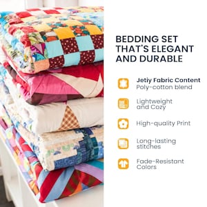 May include: A pile of vibrant patchwork quilts in various patterns and colours. The quilts display shades of red, blue, yellow, and green. Text on the right reads "BEDDING SET THAT'S ELEGANT AND DURABLE".