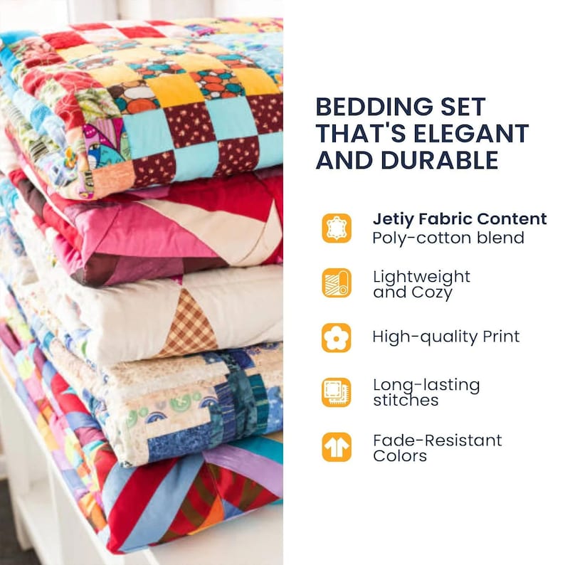 May include: A pile of vibrant patchwork quilts in various patterns and colours. The quilts display shades of red, blue, yellow, and green. Text on the right reads "BEDDING SET THAT'S ELEGANT AND DURABLE".