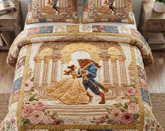 Juego de ropa de cama con edredón de baile romántico de La Bella y la Bestia, elegante manta de princesa Disney, decoración floral para dormitorio, regalo de boda para parejas.