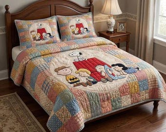 Juego de ropa de cama clásico de Peanuts con colcha de patchwork de Snoopy y su pandilla. Manta suave, colorida y acogedora en tonos pastel, ideal para la decoración del dormitorio infantil. Regalo perfecto para fans.