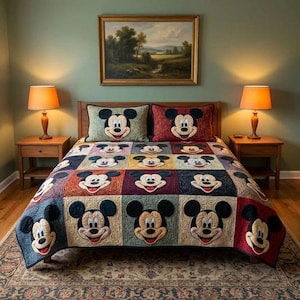 May include: A bed with a colorful quilt featuring Mickey Mouse faces. The quilt is made of various squares in different colors, with matching Mickey Mouse pillows. A landscape painting hangs above the bed, and two lamps sit on nightstands.