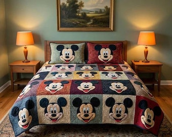 Retro Mickey Mouse Face Patchwork Quilt Bedding Set Vintage Style Cozy Blanket Classic Disney Bedroom Decor Fun Gift For Kids And Fan