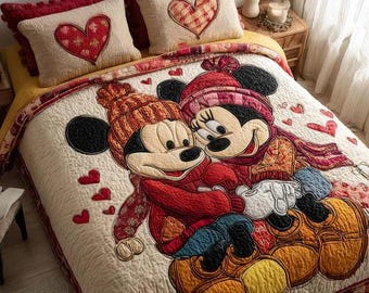 Juego de ropa de cama de invierno romántico de Mickey y Minnie Mouse con edredón, suéteres de punto acogedores, manta color crema, decoración para dormitorio de pareja, dulces regalos para fans