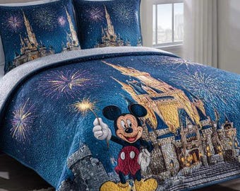 Magical Mickey Mouse And Disney Castle Fireworks Quilt Bedding Set Dark Blue Starry Night Cozy Blanket Fantasy Room Decor Gift For Fans
