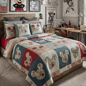 May include: A bed featuring a patchwork quilt and matching pillows with a floral Mickey Mouse design. The quilt has red, blue, and cream squares. The pillows have a blue border.