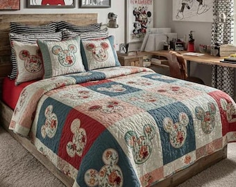 Vintage Floral Mickey Mouse Silhouette Patchwork Quilt Bedding Set Red And Blue Cozy Blanket Retro Disney Bedroom Decor Gift For Fans
