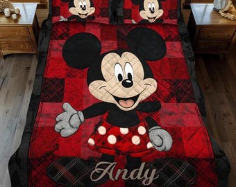 Juego de ropa de cama clásico de Minnie Mouse con edredón a cuadros rojos y búfalo, manta acogedora con nombre personalizado, decoración rústica de Disney para dormitorio, idea de regalo para fans.