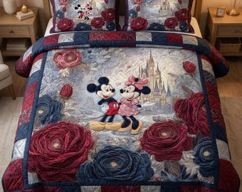 Juego de ropa de cama romántico con edredón de Mickey y Minnie Mouse del Castillo de Disney, elegante manta acogedora con estampado floral de rosas rojas, dulce regalo de decoración para el dormitorio de la pareja