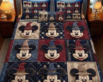 Juego de ropa de cama con edredón de patchwork de Mickey Mouse y sombrero de mago, azul oscuro y rojo, manta acogedora, divertida decoración de dormitorio Disney, regalos para niños fans.