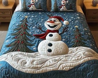 Lindo juego de ropa de cama de invierno con edredón de Olaf el muñeco de nieve, azul oscuro, bosque nevado, manta acogedora, decoración mágica de habitación Disney, divertidos regalos para niños fanáticos de los dibujos animados