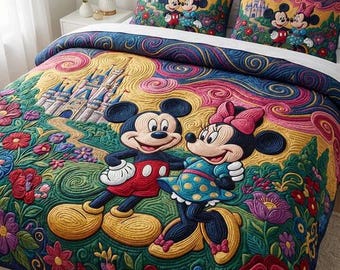 Juego de ropa de cama romántico con edredón estilo tapiz del Castillo Disney de Mickey y Minnie Mouse, manta acogedora para dormitorio de pareja, decoración mágica para jardín