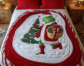 Juego de ropa de cama navideño festivo con diseño del Grinch sosteniendo un árbol, manta acogedora con estampado de remolinos rojos, decoración divertida para el dormitorio durante las fiestas, idea de regalo para niños y fans.