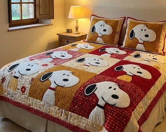 Cute Snoopy Face Patchwork Quilt Bedding Set Red And Yellow Rustic Cozy Blanket Fun Peanuts Gang Bedroom Decor Gift For Dog Lover Fan