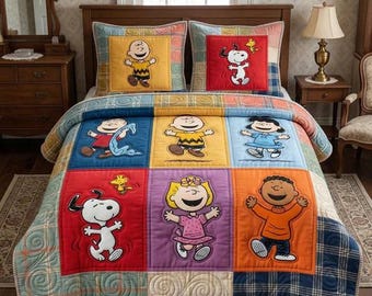 Juego de ropa de cama con edredón de retazos de personajes de Peanuts, colorido, rojo brillante, azul y amarillo, manta acogedora, divertida decoración para dormitorio infantil, regalos de Snoopy