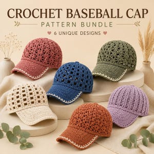 May include: Six crochet baseball caps in various colors including dusty rose, olive green, navy blue, cream, rust orange, and lavender. Each cap features a unique openwork stitch pattern and a solid brim with white decorative stitching along the edge.