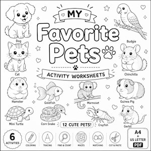 May include: A black and white activity worksheet titled My Favorite Pets featuring illustrations of a dog, cat, budgie, chinchilla, hamster, goldfish, marmoset, guinea pig, turtle, snake, crayfish, and gerbil with 6 activity icons and PDF format.