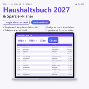 Op de afbeelding: Een digitale huishoudboek en spaardoelenplanner voor 2027 weergegeven op een laptopscherm. De interface bevat paarse en witte secties met kolommen voor datum, omschrijving, categorie en bedrag, met financiële gegevens.