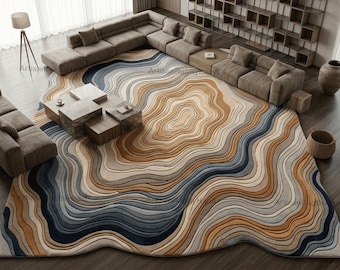 Alfombra abstracta tejida a mano en color marfil, alfombra moderna beige y azul para sala de estar, alfombra de lana orgánica de diseño, tamaño personalizado disponible.