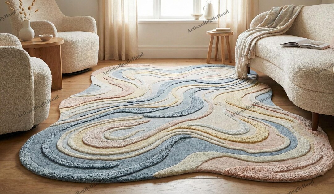 Organic R Shaped Rug Hand Tufted Wool Abstract Shaped Rug, Organic Modern Pastel Carpet ...