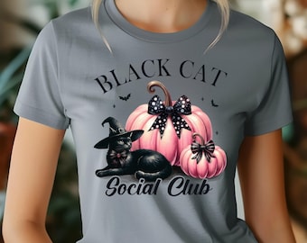 Black Cat Social Club Shirt, Pumpkin Shirt, Pink Halloween Shirt, Black Cat Lover, Autumn Shirt, Halloween Shirt