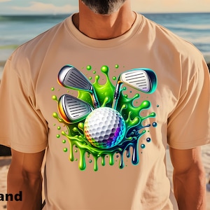 Stylish Golf Shirt, Golfing Shirt, Men&#39;s Golf Shirt, Women&#39;s Golf Shirt, Golf clubs with drips, Golf tournament Shirt, Hole in One,