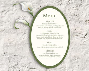 Menú de boda ovalado personalizado / Diseño floral de jardín botánico / Papelería romántica para la cena / Decoración de mesa elegante