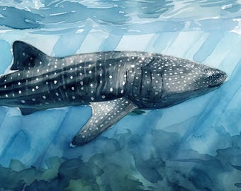 Stampa ad acquerello di squalo balena, decorazione murale a tema oceano, opera d'arte raffigurante la vita marina costiera (download digitale)