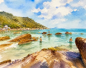 Koh Samui Watercolour Print, Tropical Beach Coastal Wall Art (Digital Download)
