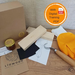 May include: A wood carving kit including a rectangular wooden block, a hook knife with a wooden handle, a yellow protective glove, a small jar of finish, black sandpaper, a spoon template, and a card with the text LIOWOOD CRAFTED BY NATURE.