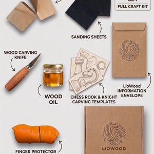 May include: A LioWood chess carving set containing light wood blocks, black sanding sheets, a wood carving knife, a small jar of wood oil, chess rook and knight paper templates, an information envelope, and orange finger protector bandages.