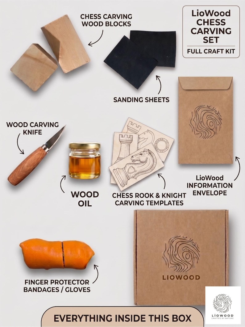 May include: A LioWood chess carving set containing light wood blocks, black sanding sheets, a wood carving knife, a small jar of wood oil, chess rook and knight paper templates, an information envelope, and orange finger protector bandages.