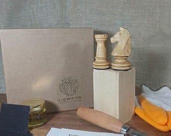 DIY Chess Wood Carving Kit for Beginners, Woodworking Whittling Set with Basswood Blocks & Tools, Handmade Chess Piece Gift for Him