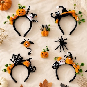 Ensemble d'accessoires pour cheveux d'Halloween faits main, bandeau et pinces à cheveux en cure-pipes, motif citrouille et chat noir, cadeau pour filles et garçons