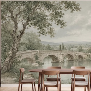 Vintage Landscape Wall Mural: Sage Countryside Wallpaper for Living Room, Bedroom - PRT37