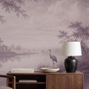 Lavender Lake Wall Mural: Vintage Purple Landscape Wallpaper for Bedroom, Living Room - PRT47