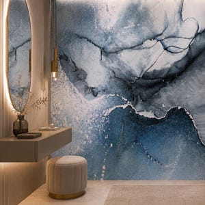 Blue Abstract Wall Mural - Ocean Marble Wallpaper for Entryway, Statement Wall - LCA68