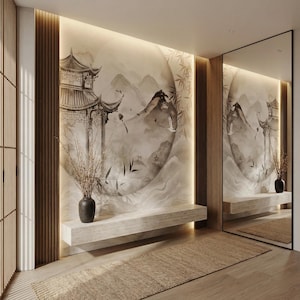Neutral Chinoiserie Wall Mural: Asian Landscape Wallpaper for Entryway, Hallway - V116