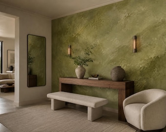 Olive Green Plaster Wall Mural: Sage Textured Wallpaper for Bedroom, Living Room - V293