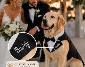 Costume de mariage personnalisé pour chien, nom personnalisé brodé pour animal de compagnie, tenue de porte-anneau pour chien, smoking noir avec noeud papillon pour grands chiens
