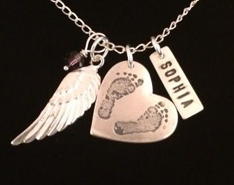 Custom Baby Footprint Necklace w/ Birthstone, Nametag, & Angel Wings (Sterling Silver)